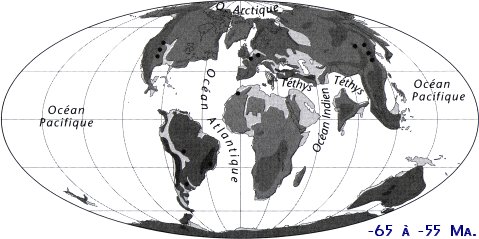 Reconstitution palogographique de la Terre de -65  -55MA. (Palocne)